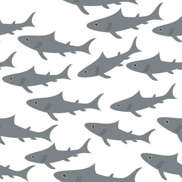 Seamless Pattern Gray Sharks Isolated White Background Vector Illustration — Stock Vector