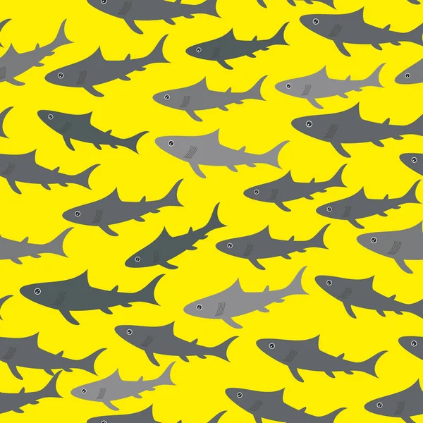 无缝的样式与灰色鲨鱼在明亮的黄色背景 向量例证 — 图库矢量图片