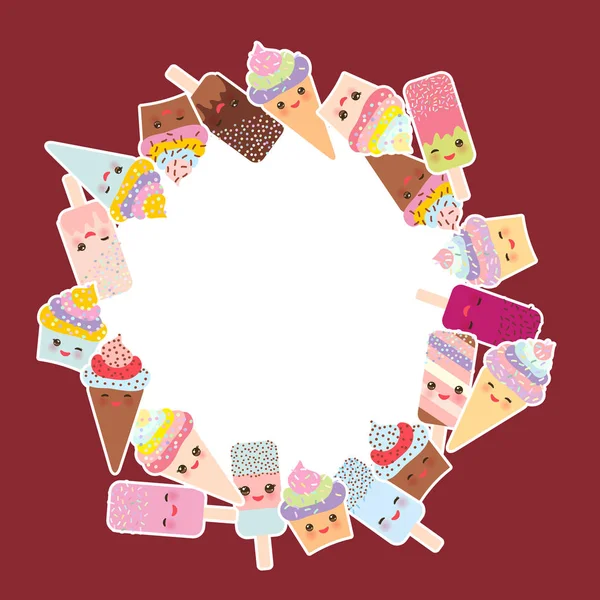 您的文本的卡片设计 圆形框架 纸杯蛋糕与奶油 冰淇淋在华夫饼锥 冰棒川井与粉红色的脸颊和眨眼的眼睛 柔和的颜色在深棕色的背景 向量例证 — 图库矢量图片