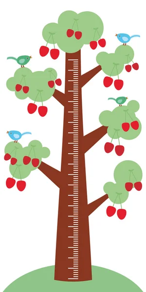 Árbol Grande Con Hojas Verdes Pájaros Cerezas Rojas Maduras Sobre — Vector de stock