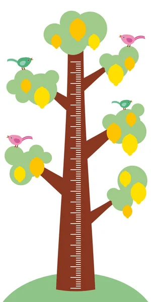 Big Tree Green Leaves Birds Ripe Yellow Lemons White Background — Stock Vector