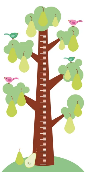 グリーンの大きな木は 白い背景の子供高さ計ウォール ステッカー 子供メジャーに鳥や熟した緑梨を残します ベクトル図 — ストックベクタ