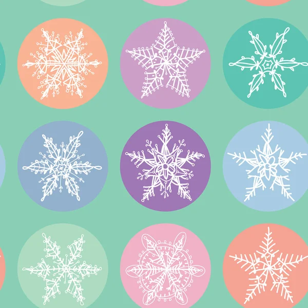 无缝图案快乐圣诞贺卡 雪花冬季设置橙色粉红色紫色蓝色集合在波尔卡点蓝色薄荷背景 向量例证 — 图库矢量图片