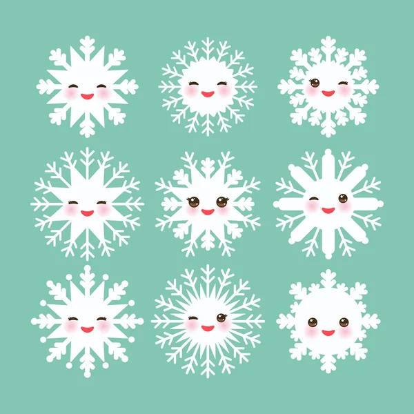 Kawaii Snowflake Set White Funny Face Eyes Pink Cheeks Blue — Stock Vector