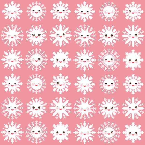 Seamless Pattern Kawaii Snowflake Set White Funny Face Eyes Pink — Stock Vector