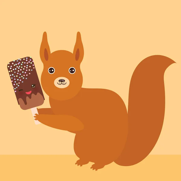 Rotes Eichhörnchen Mit Schokoladeneis Eislolly Kawaii Mit Rosa Wangen Und — Stockvektor
