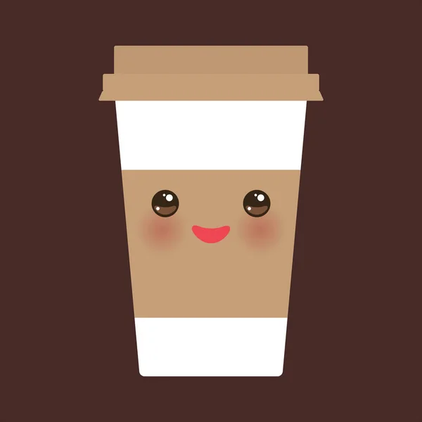 外卖咖啡纸热咖啡杯与棕色帽子和杯架 川井可爱的脸与眼睛和微笑在深棕色的背景 向量例证 — 图库矢量图片