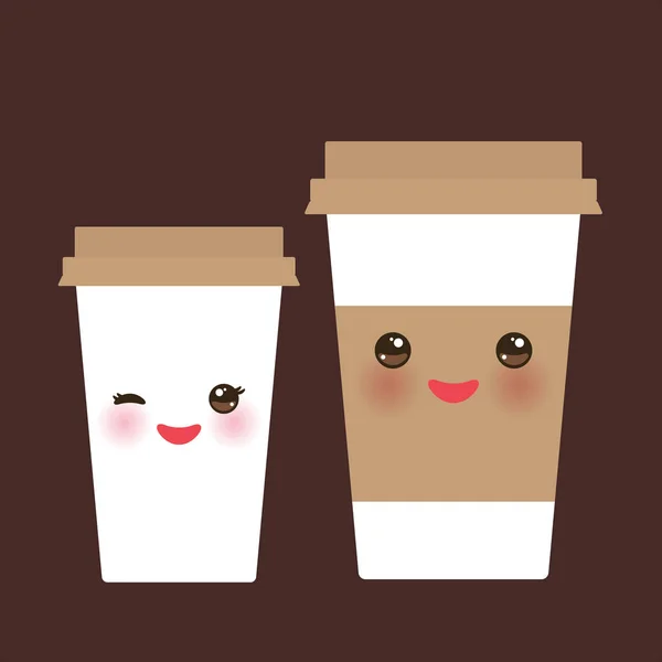 外卖咖啡纸热咖啡杯与棕色帽子和杯架 川井可爱的脸与眼睛和微笑在深棕色的背景 向量例证 — 图库矢量图片