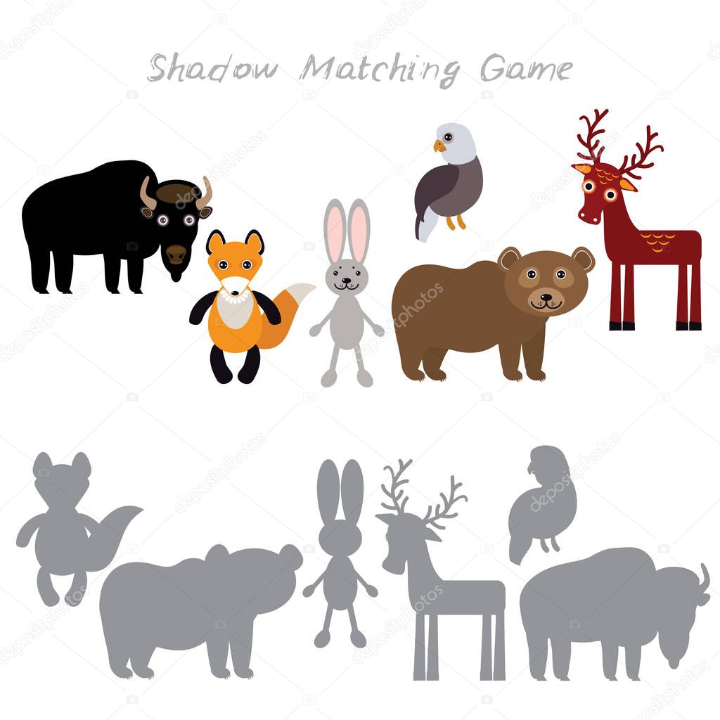 Bison fox hare rabbit Eagle Bear Deer isolated on white background, Shadow Matching Game for Preschool Children. Find the correct shadow. Vector illustration