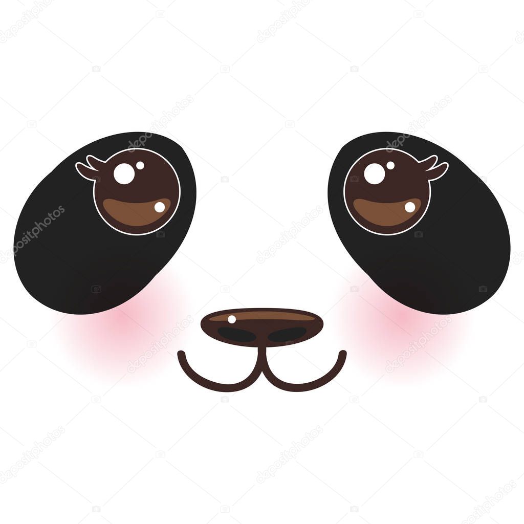 Kawaii funny panda white muzzle with pink cheeks and big black eyes  on white background. Vector illustration