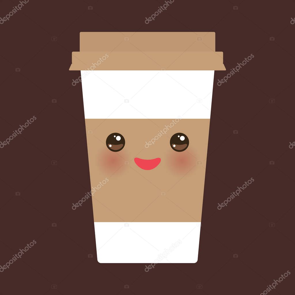 Take-out coffee in Paper thermo coffee cup with brown cap and cup holder. Kawaii cute face with eyes and smile on dark brown background. Vector illustration
