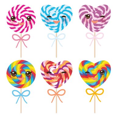 Kawaii colorful Set candy lollipops with bow, spiral candy cane. Candy on stick with twisted design on white background. Vector illustration clipart