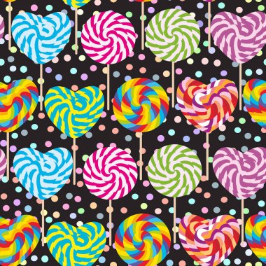 renkli seamless modeli, şeker lolipoplar, sarmal şeker kamışı. Bükülmüş tasarım pastel ile Stick Şeker polka dot siyah arka plan renkleri. Vektör çizim