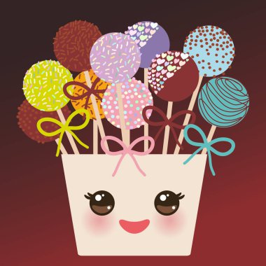şirin komik kawaii renkli tatlı pasta kümesi yay koyu arka plan üzerinde pembe bir kova ile açılır. Vektör çizim