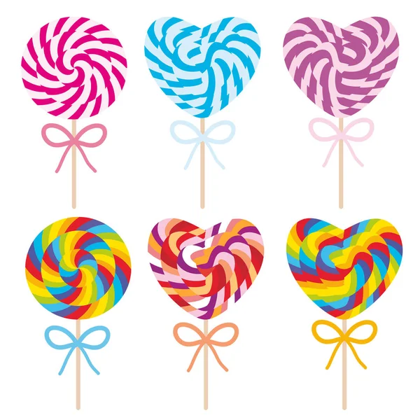 Colorful Set Candy Lollipops Bow Spiral Candy Cane Candy Stick — Stock Vector