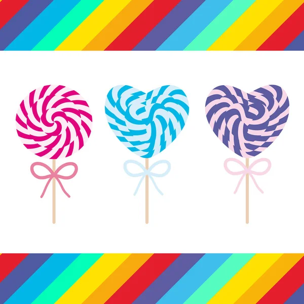 Set Candy Lollipops Bow Colorful Spiral Candy Cane Candy Stick — Stock Vector