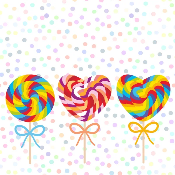 Valentine Day Heart Shaped Colorful Set Candy Lollipops Bow Spiral — Stock Vector