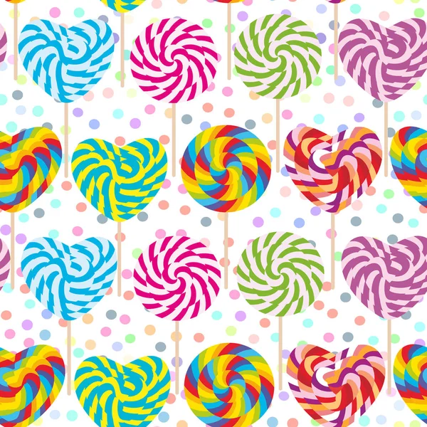 Colorful Seamless Pattern Candy Lollipops Spiral Candy Cane Candy Stick — Stock Vector