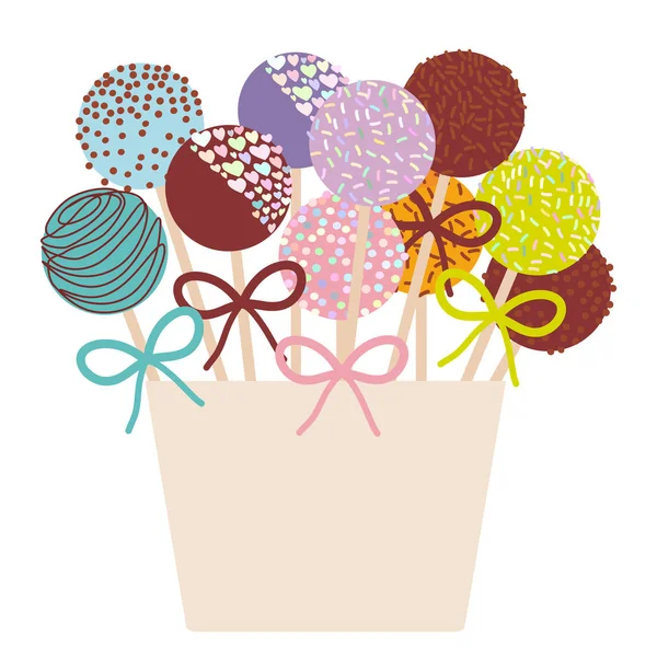 五颜六色的甜蛋糕弹出与弓在一个粉红色的桶隔离在白色的背景 向量例证 — 图库矢量图片