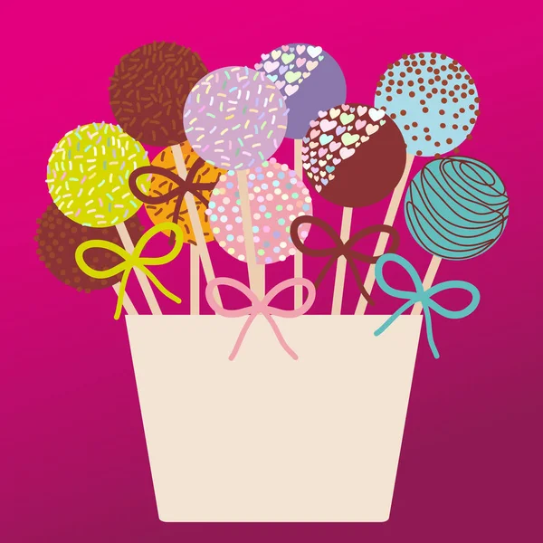 五颜六色的甜蛋糕弹出与弓在一个粉红色的桶在深粉色的背景 向量例证 — 图库矢量图片