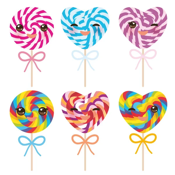 Kawaii Colorido Conjunto Piruletas Caramelo Con Arco Bastón Caramelo Espiral — Vector de stock