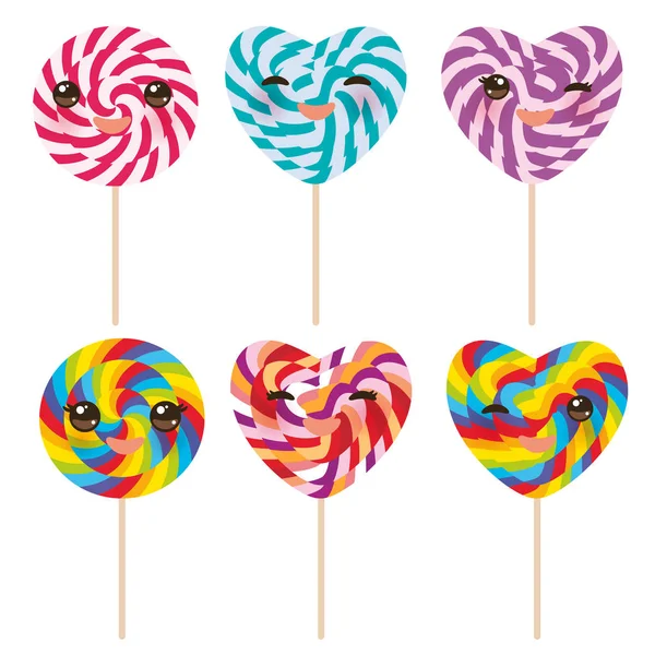 Lollipop Caramelo Forma Corazón Kawaii Con Mejillas Rosadas Ojos Guiñando — Archivo Imágenes Vectoriales