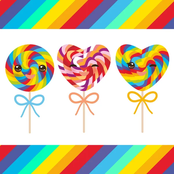 Kawaii Valentine Day Heart Shaped Candy Lollipops Bow Colorful Spiral — Stock Vector