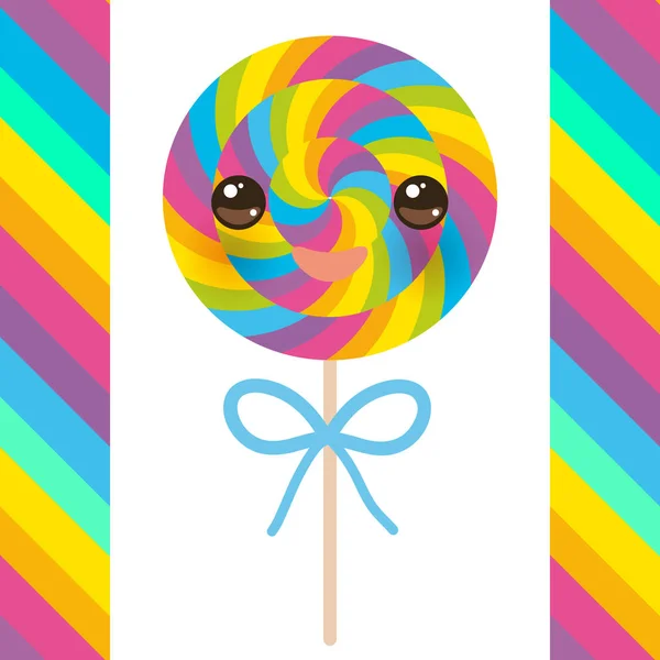 Kawaii Bonbon Lutscher Mit Schleife Bunte Spiralbonbons Mit Leuchtenden Regenbogenstreifen — Stockvektor