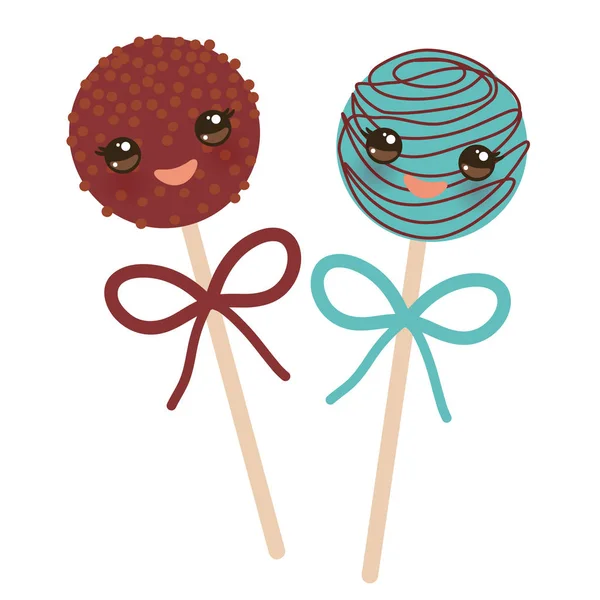 Roztomilý Funny Kawaii Čokoládová Modrá Sweet Cake Pops Sada Lukem — Stockový vektor