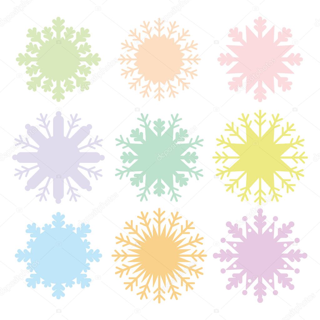 Christmas card design snowflake set blue mint orange pink lilac on white background. Vector illustration