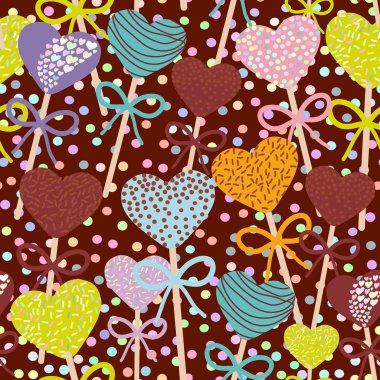 Dikişsiz desen renkli Sweet kek kalpler kümesi yay ile kahverengi zemin, pastel renkler polka dot arka plan çıkar. Vektör çizim