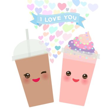 Sevgililer günü kartı tasarım Kawaii çilek çikolata kahve güler yüzlü şeffaf plastik kap saman ve çırpılmış krema ile birlikte. gözleri ve gülümseme Isolated beyaz arka plan üzerinde sevimli yüzü. Vektör çizim