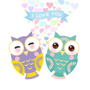 Sevgililer günü kartı tasarım Kawaii baykuş kırpışan gözleri, beyaz arka plan üzerinde pastel renkler ve pembe yanakları ile. Vektör çizim