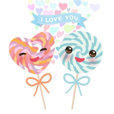 Seni kart tasarımı ile Kawaii kalp şekilli şeker lolipop kırpışan gözleri, beyaz arka plan üzerinde pastel renkler ve pembe yanakları seviyorum. Vektör çizim