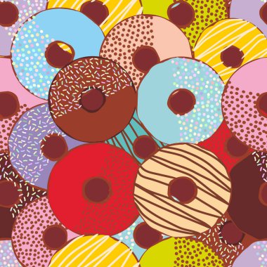 Dikişsiz desen tatlı çörek buzlanma ve sprinkls ile izole, pastel renkler çikolata arka plan üzerinde ayarlayın. Vektör çizim