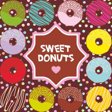 metin için çerçeve. Tatlı çörek pastel renkler kahverengi puantiyeli arka plan üzerinde buzlanma ve izole, sprinkls banner tasarımı, kart şablonu ile ayarla. Vektör çizim