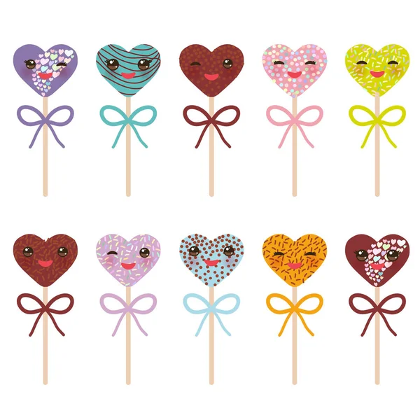 Bonito Engraçado Kawaii Colorido Doce Bolo Pops Corações Definidos Com — Vetor de Stock