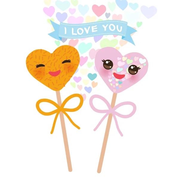 Love You Card Design Hearts Kawaii Colorful Sweet Cake Pops — Stock Vector