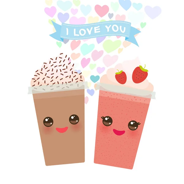 Valentine Day Diseño Tarjetas Con Kawaii Strawberry Chocolate Coffee Batido — Vector de stock