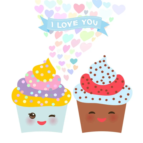 Valentine Day Card Design Kawaii Cake Pink Cheeks Winking Eyes — Stock Vector