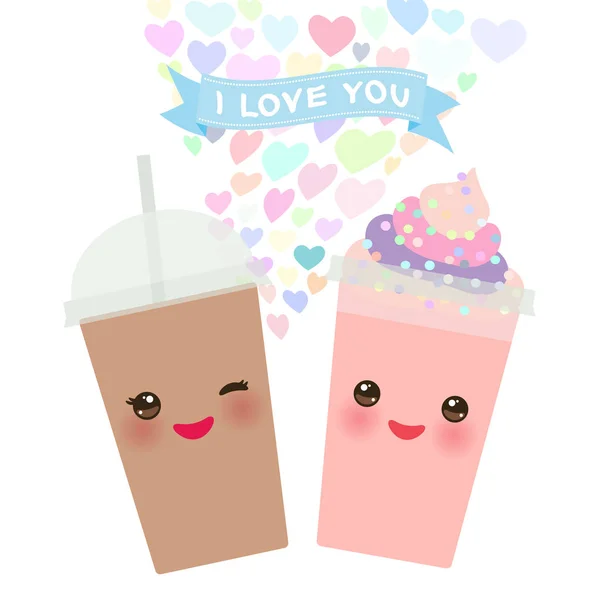 情人节卡设计与 Kawaii 草莓巧克力咖啡冰沙透明塑料杯秸秆和奶油 可爱的脸与眼睛和微笑隔离在白色的背景 向量例证 — 图库矢量图片