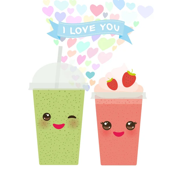 Valentine Day Card Design Kawaii Truskawka Kiwi Take Out Smoothie — Wektor stockowy