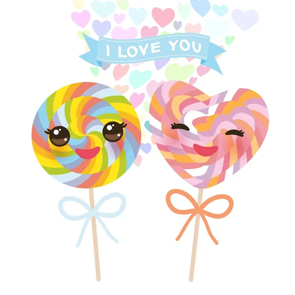 Love You Card Design Kawaii Heart Shaped Candy Lollipop Pink — Stock Vector