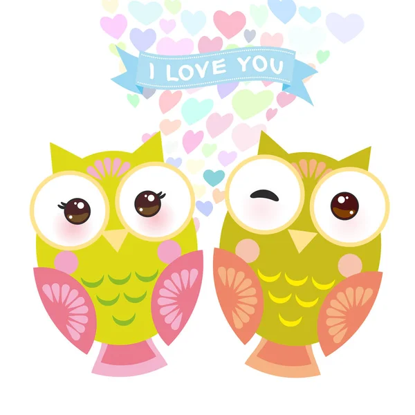 Valentine Day Card Design Kawaii Owl Pink Cheeks Winking Eyes — Stock Vector