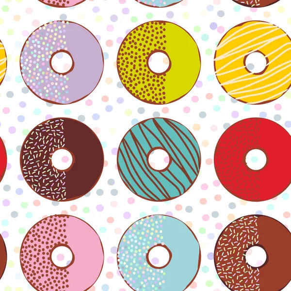 无缝图案甜甜甜圈设置与糖霜和洒隔离 柔和的颜色在白色波尔卡点的背景 向量例证 — 图库矢量图片