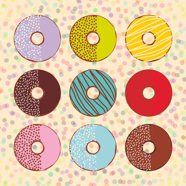 甜甜甜圈设置与糖霜和洒隔离 柔和的颜色米色波尔卡点背景 向量例证 — 图库矢量图片