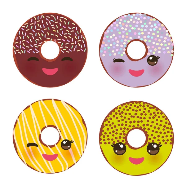 Donut Colorido Kawaii Con Mejillas Rosadas Ojos Guiñando Ojo Rosquillas — Vector de stock