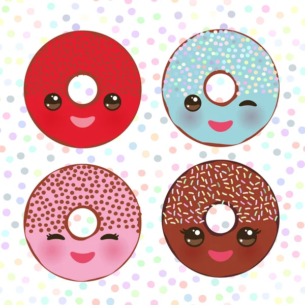 Kawaii Colorful Donut Pink Cheeks Winking Eyes Sweet Donuts Set — Stock Vector