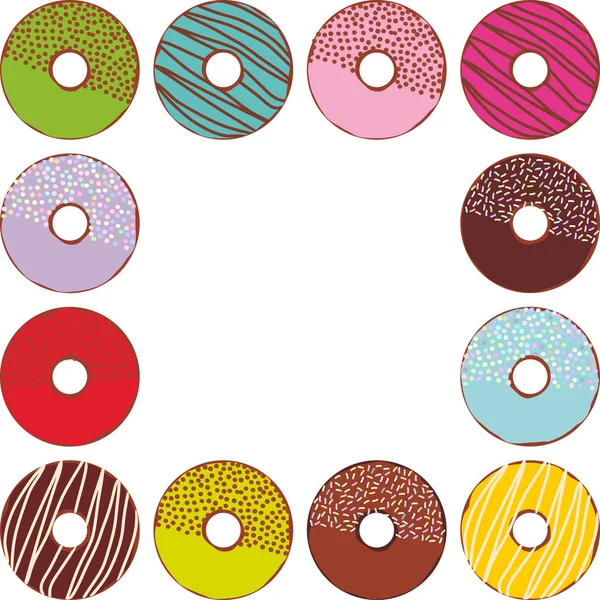 甜甜甜圈设置与糖霜和洒隔离 柔和的颜色在白色背景正方形框架上的文本 向量例证 — 图库矢量图片