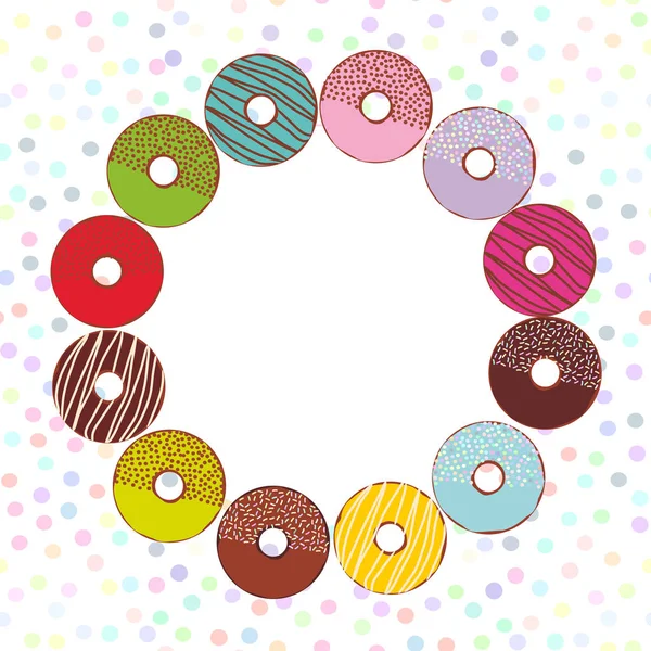 甜甜甜圈设置与糖霜和洒隔离 柔和的颜色波尔卡点背景圆形框架的文本 向量例证 — 图库矢量图片